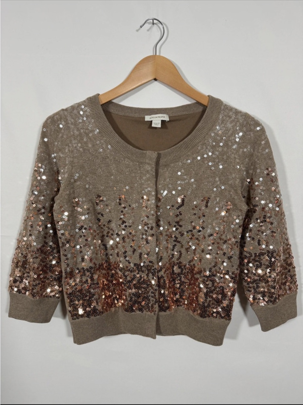 WSW10 {Boston Proper} Brown Ombre Sequin Metallic 3/4 Sleeve Cardigan Sweater